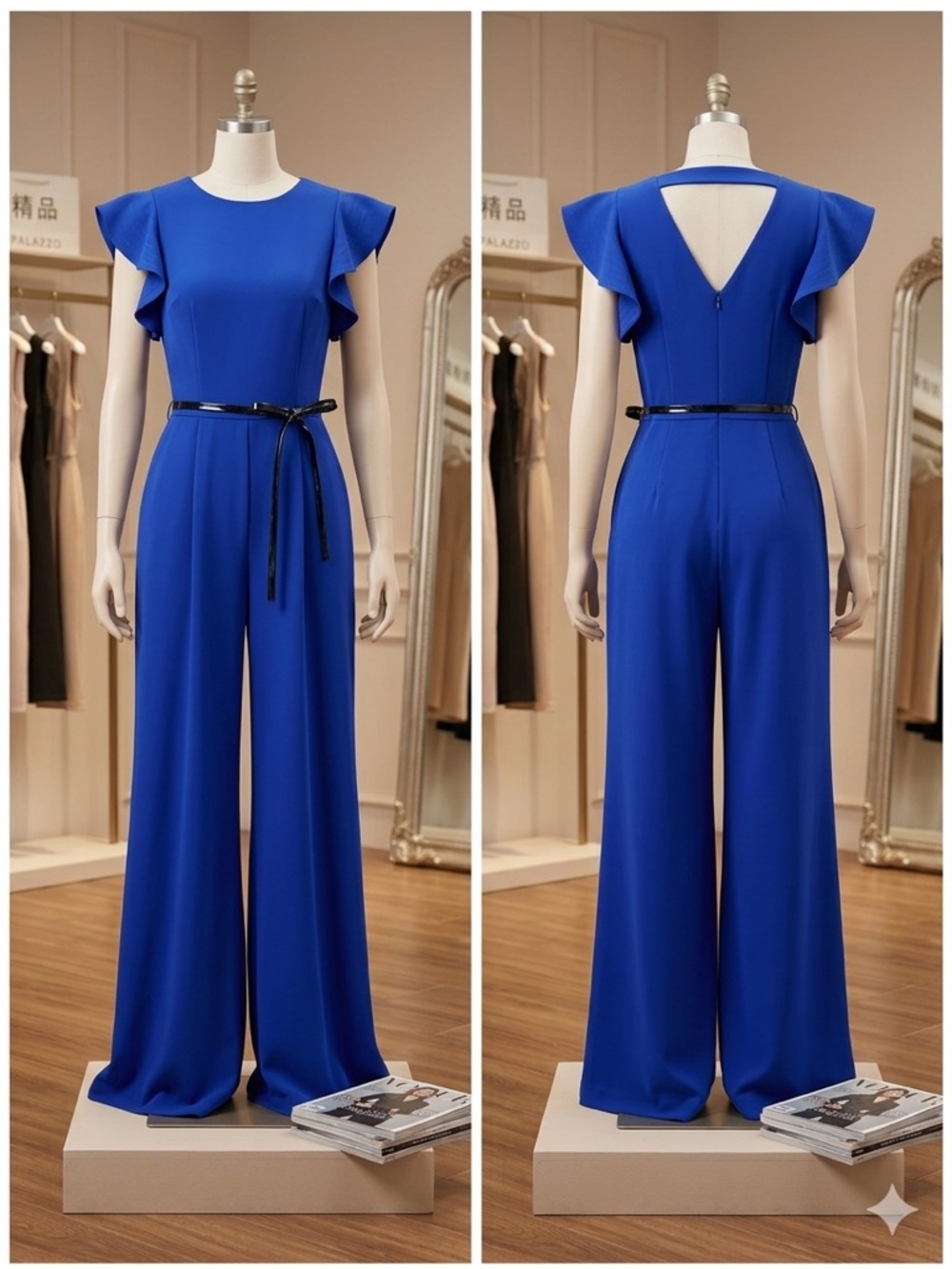 Elegant Royal Blue Wide-Leg Jumpsuit with Flutter Sleeves